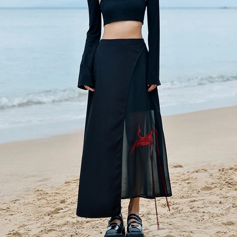 重ね着 スカート シフォンスカート マキシ 鶴刺繍 ロングスカート チャイナ風スカート 黒 ハイウエスト 着痩せ 独特 暗黒系