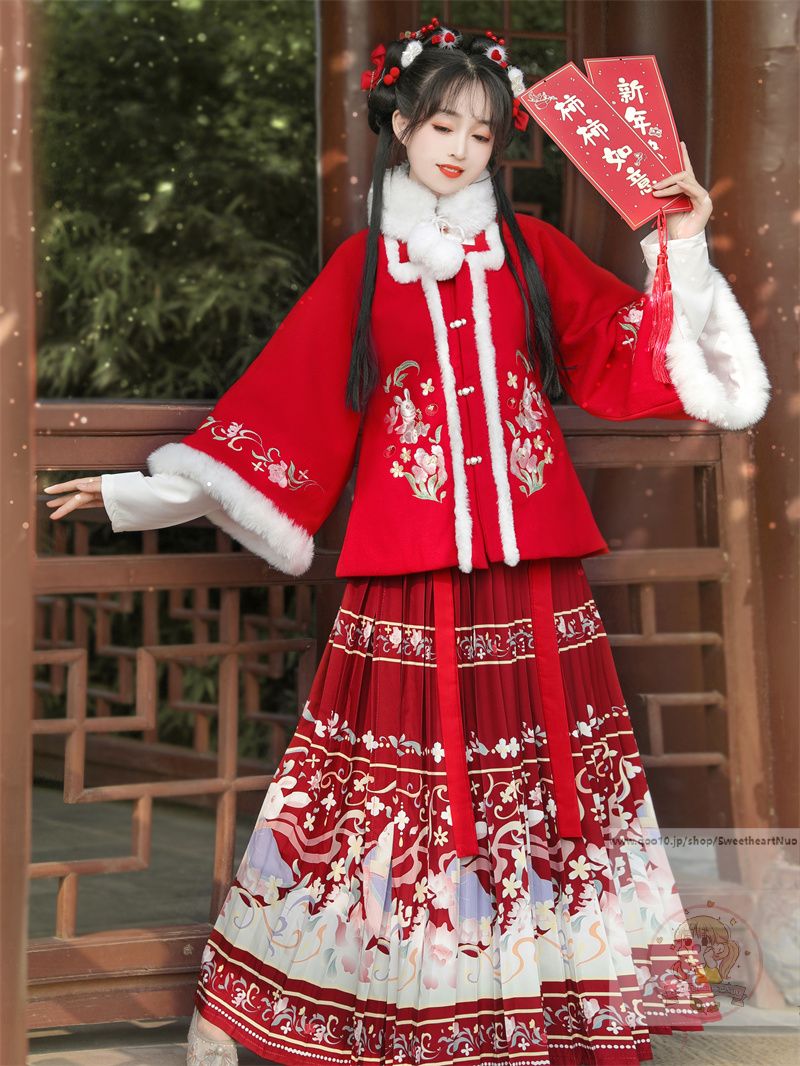 ウサギの綿毛の明製漢服女性の秋冬の中国風加絨加厚角襟短上着の馬面スカート