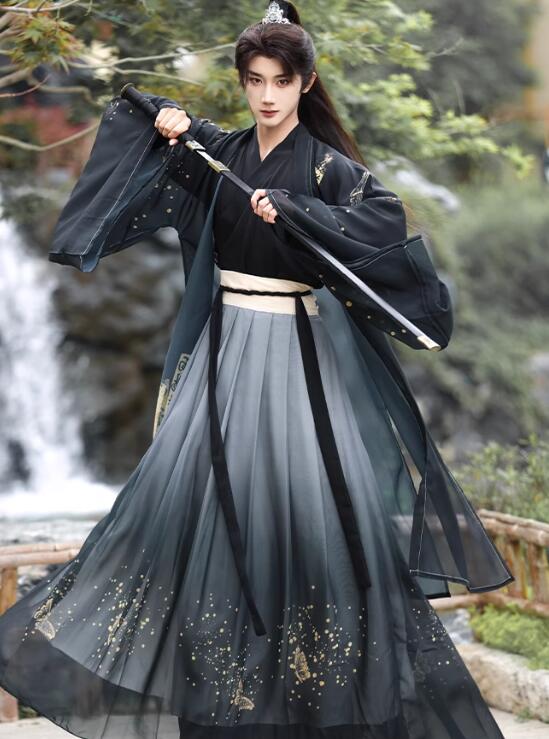 黒系 チャイナ服 漢服 メンズ レディース 男女兼用 交差襟 振袖羽織付き3点セット 暗黒系 金色の蝶 プリント グラデーション 水墨 竹柄 おしゃれ 侠客風 中華コスプレ衣裳 カンフー 中華時代劇