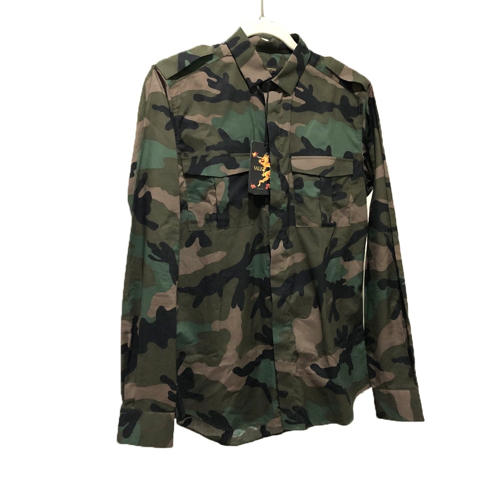 VALENTINO ヴァレンティノ 長袖シャツ 迷彩 トップス ドラゴン刺繍 アパレル シャツ コットン カーキ系