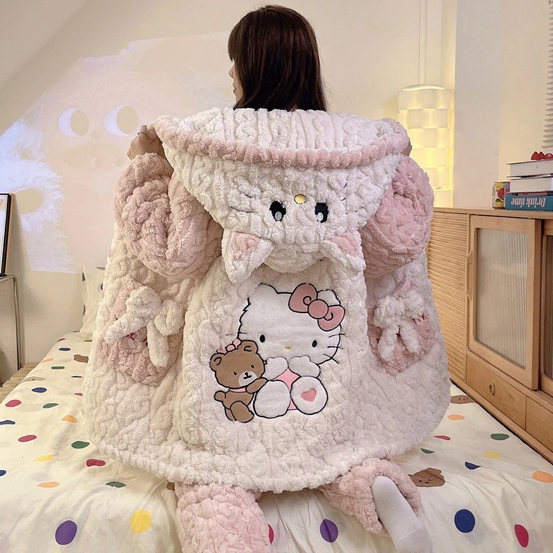 乙女パジャマ3段綿入り秋冬厚手コーラルダウンスーツハローキティハットフランネル学生部屋着