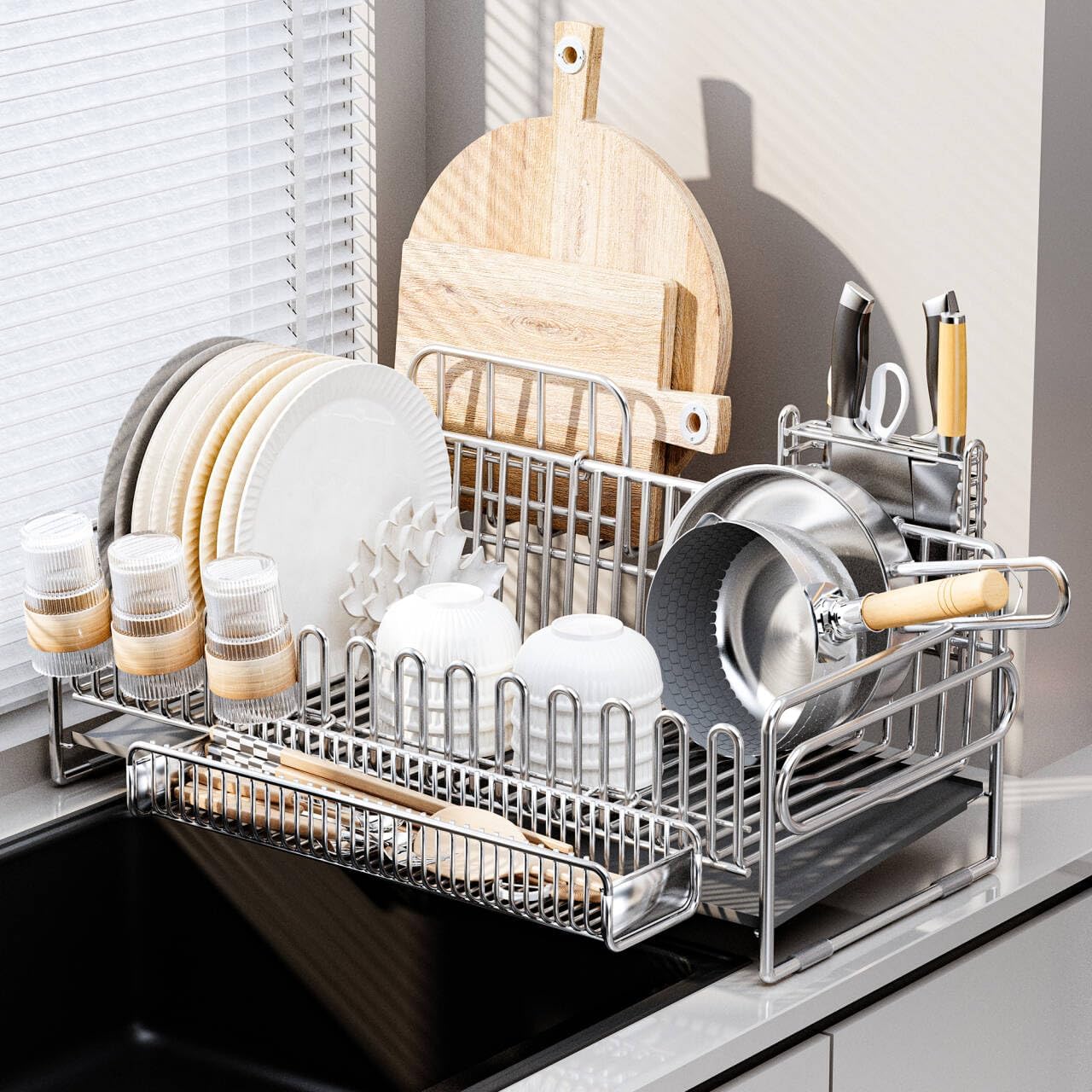 ステンレス製 水切りラック 水切りかご キッチン収納ラック スリム 大容量 省スペース 防錆設計 51×21×18cm