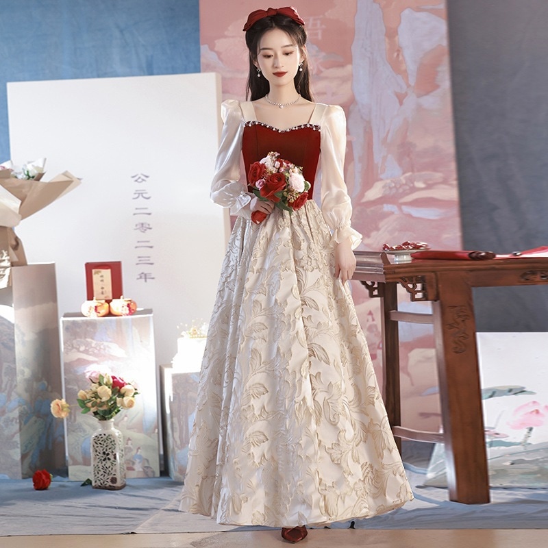 長袖 乾杯服 花嫁 婚約ドレス 2024秋 新作感謝の宴 ロング 同窓会ドレス ドレス