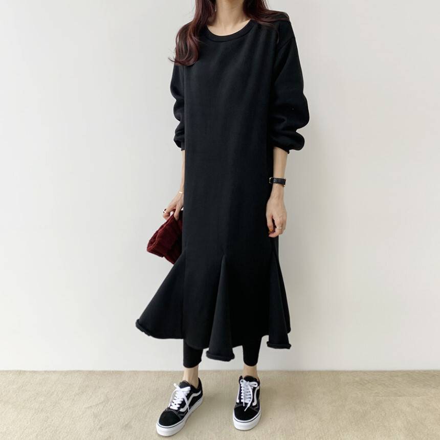3color レディース ロングワンピース 膝下 スウェット スエット ワンピース フレア 裾フレア