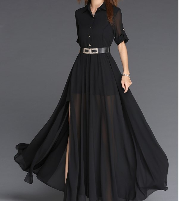 シフォンスカートロングカジュアルドレス秋スリム ワンピース シャツワンピース フレアワンピース ロング丈 アンクル丈 半袖 五分袖 Vネック 襟付き フレア シフォン ベルト ウエストマーク スリット 6,073円