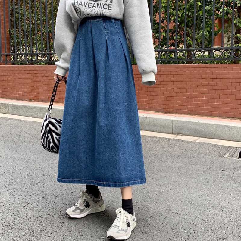 ボトムス ボトム おすすめ おしゃれ お洒落 激安 安い プチプラ スカート デニム ロング スカート デニム スカート ハイ ウエスト Ａライン タック マキシ丈 アンクル丈 コットン l 5,225円