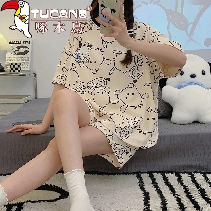 【激安本日限定】可愛いパジャマパジャマキツツキパチャ犬パジャマ綿パジャマレディース夏のゆったり半袖ショートパンツ屋外でも着用可能ホーム服セット限定30％割引