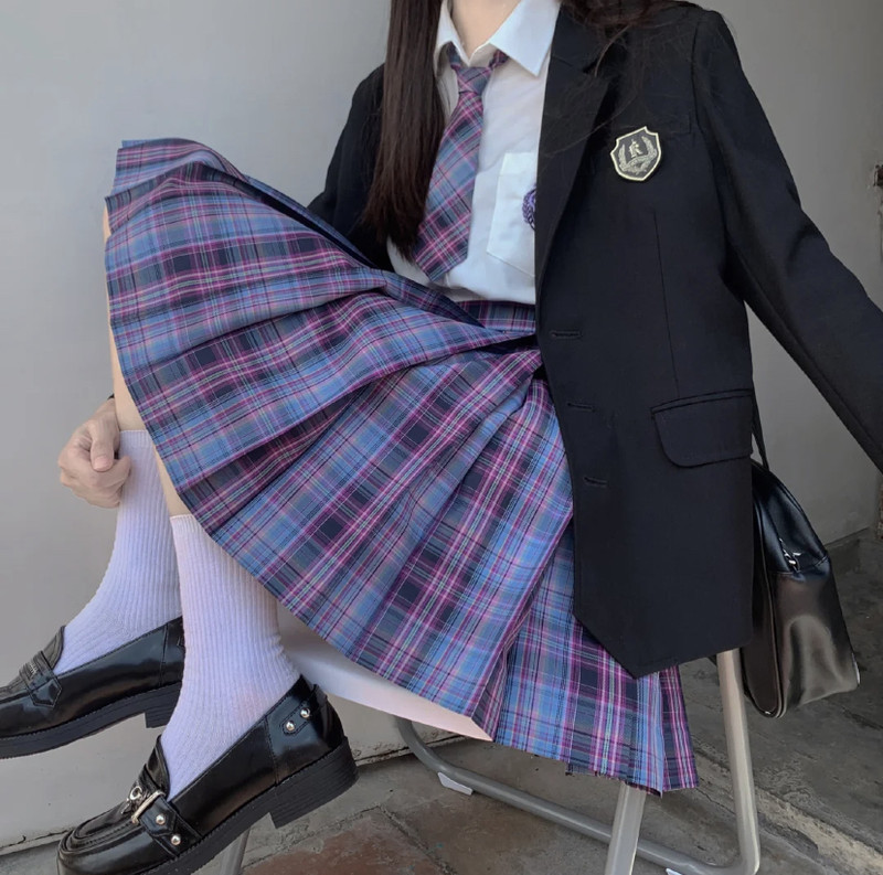 S5204-2 JK 女子高生 制服セット 5点ワイシャツ＋ネクタイ＋スカート+ブレザー 紺色 ネイ