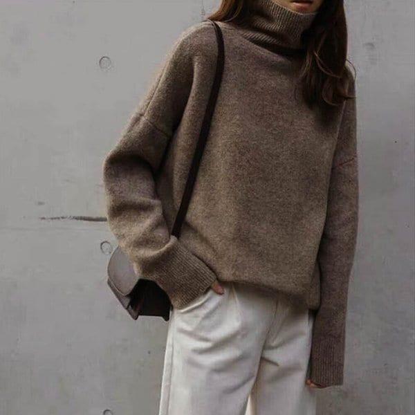 女性用カジュアルで暖かいモックネックニットネックスウェッター LDW-KN-SSIS597-ブラウン