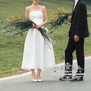 ウェディングドレスビスチェベアトップドレスサテンワンピースホワイト二次会結婚式ブライダル前撮り海外挙式花嫁ウエディングドレスシンプル