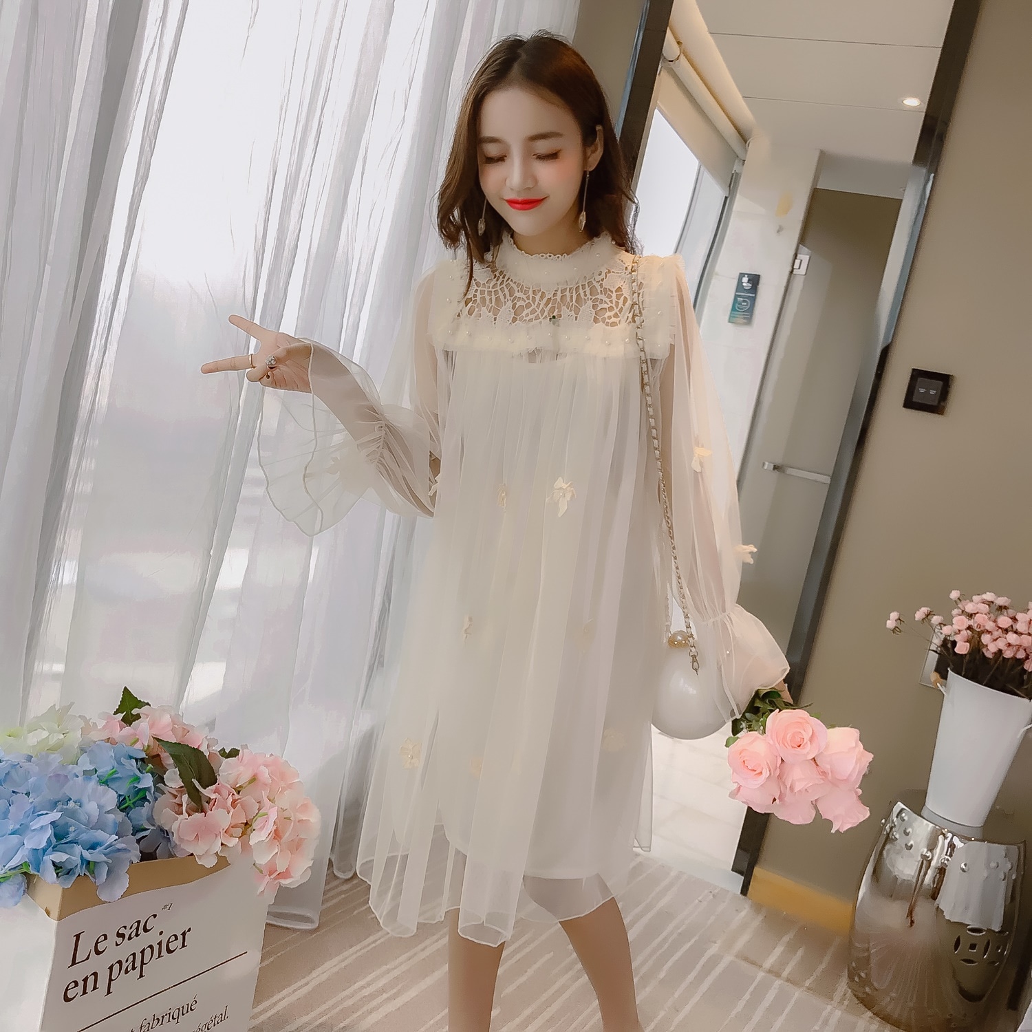 1614.レースシースルーミディ丈ワンピース(アプリコット) 2019 春夏 sale 結婚式 パーティー 二次会 デート 女子会 記念日 レストラン 100,000円