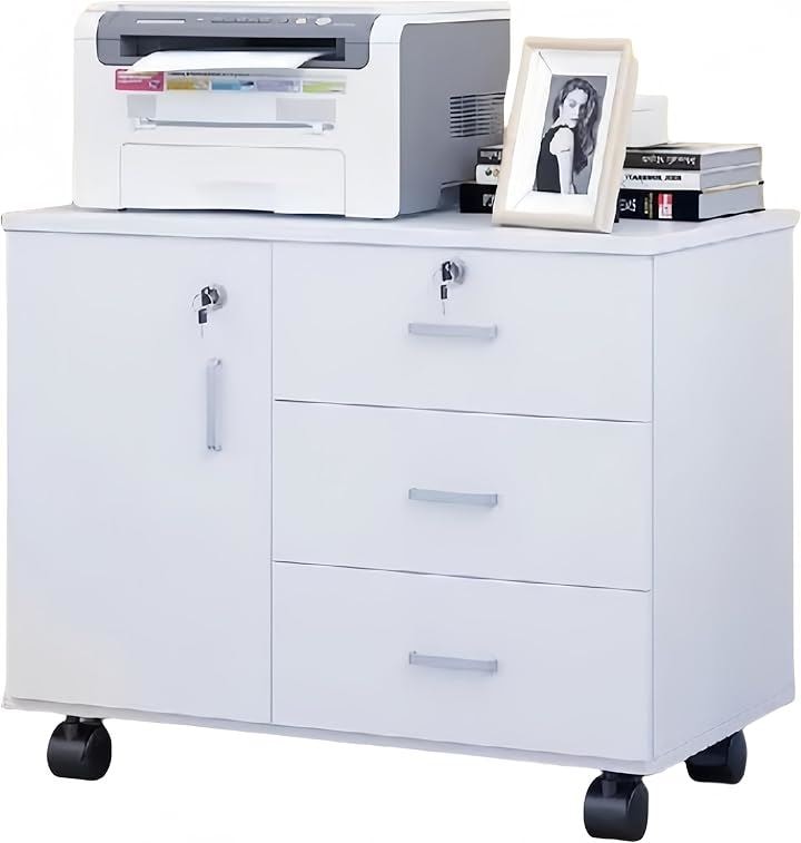 デスクワゴン サイドワゴン キャビネット 袖机 オフィスワゴン デスクサイド 完成品 鍵付き キャスター付き 扉付き チェスト デスク下 収納(ホワイト, 70x40x57cm)
