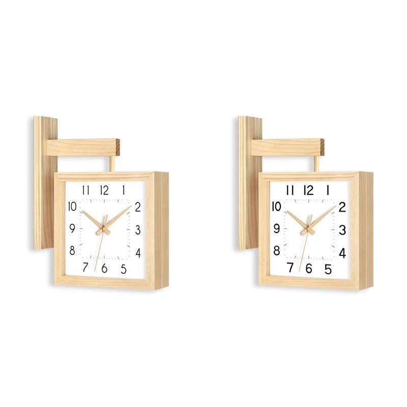 クロック デザイン 時計 壁掛け時計 おしゃれ 木製掛け時計 両面創意クロック 無垢 木製指針 四角い 木製時計 天然木 連続秒針 静音 部屋装飾 プレゼント