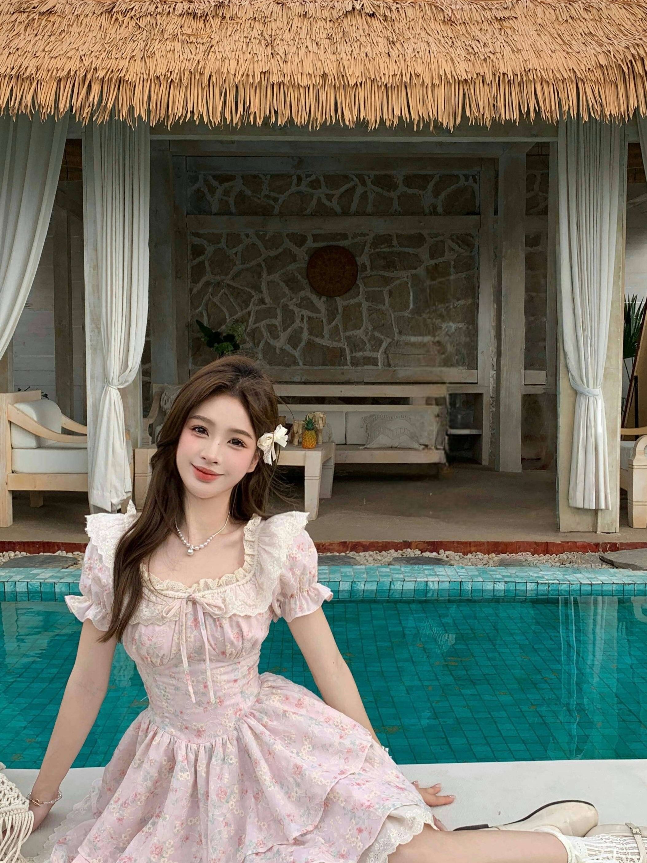 大きいサイズのレディース服ウエストを引き締めてスタイルを良く見せる花柄夏のリゾート向けケーキショートスカート
