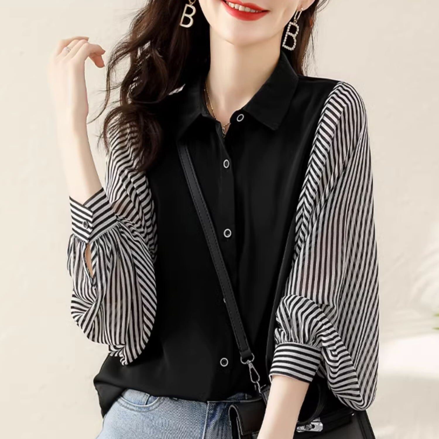 レディース トップス シャツ ブラウス 7分袖 前開き ボタン 切り替えデザイン カジュアル 上品 おしゃれ かっこいい レトロ アジアン エスニック エキゾチック こなれ感 ラフ ボーイッシュ