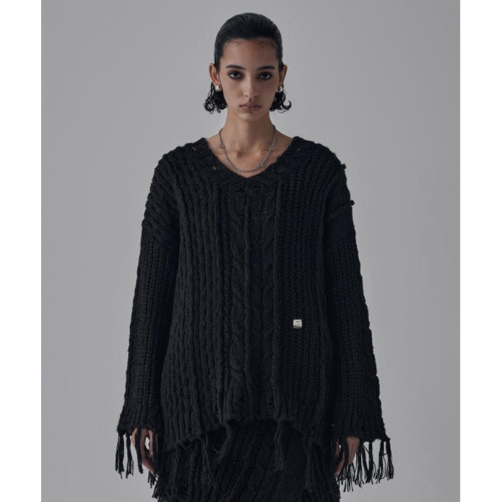 TREEMINGBIRD Wool Damage Tassel Knit SetUp Pullover Bla