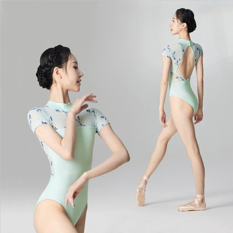 レディース ガールス レオタード ハイネック 半袖 ダンスウェア バレエ服 バレエ レッスン 体操 清楚 花 50BA1055P グリーン