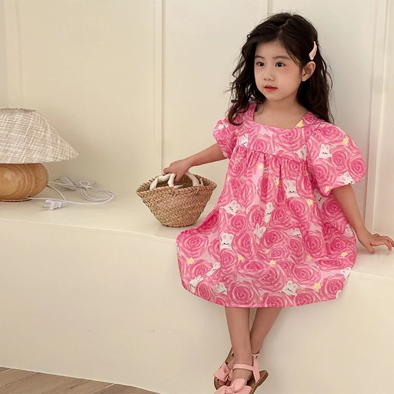 女の子ワンピース夏の花純綿泡袖2025新型子供用夏服ベビープリンセススカート子供服 女の子 ワンピース