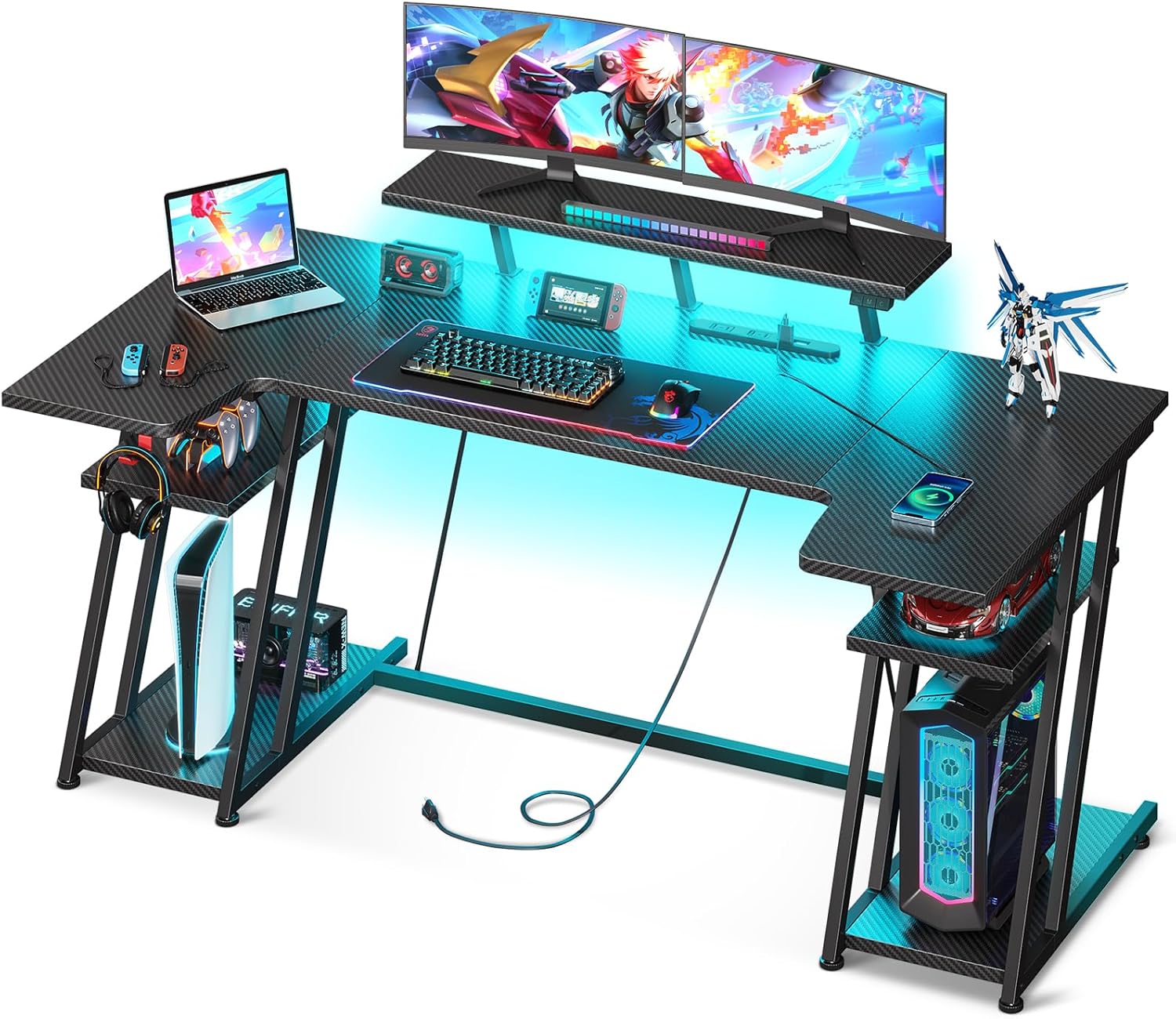 ゲーミングデスク l字 パソコンデスク pcデスク コンセント付き l字デスク デスク 机 LEDライト付き 幅152*奥行70 ラック付き ゲーミングテーブル モニター台付き 炭素繊維天板 カップホ