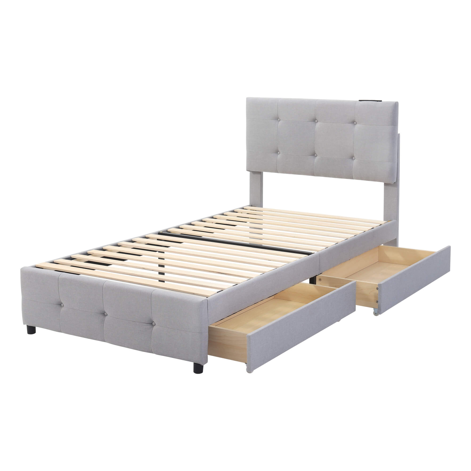 【シングル/ライトグレー】収納付き ベッドフレーム ファブリック すのこ 北欧 USB・コンセント付 高さ調節可 簡単組立 マットレス別売