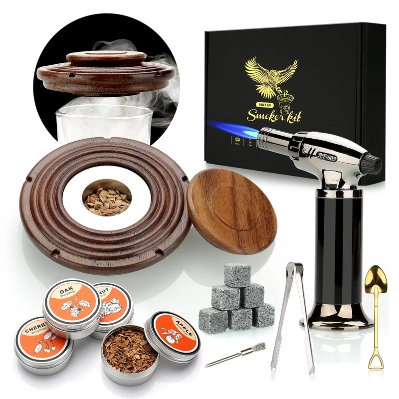 トークンスモッカーキット,4つの電球,砥石,植物,ブタンなしのスモーカーアクセサリー Walnut with torch