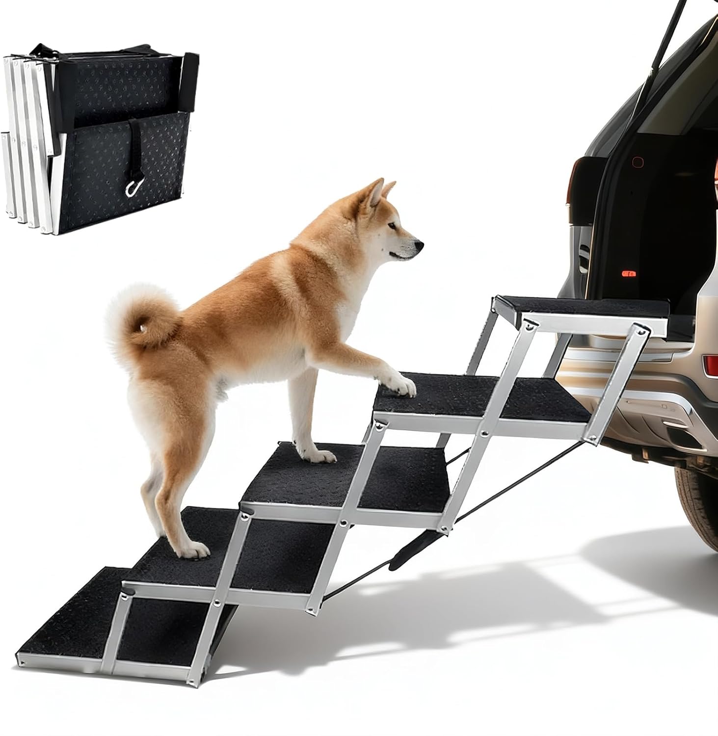 折り畳み式5段ペット階段 滑り止め付き 高さ調節可能 耐荷重70kg 収納便利 室内屋外用 ブラック 43x94x64cm