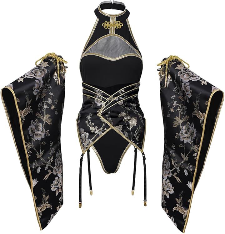 ハイレグロイヤルチャイナ服 セクシー コスプレ(ブラック, L)