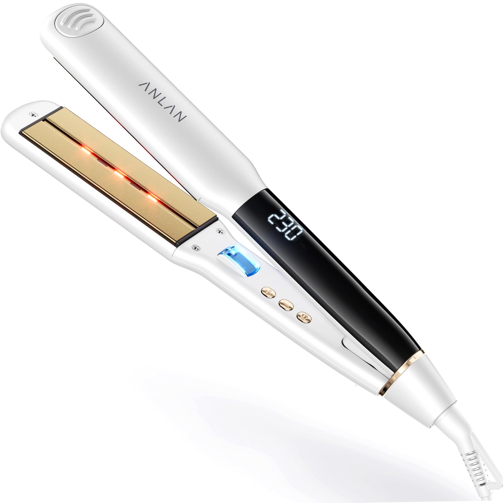 ANLAN ストレートアイロン ヘアアイロン 赤色LED 近赤外線 マイナスイオン 36mmワイドプレート 時短 急速加熱 100℃～230℃ ツヤ髪 2Way ストレート カール プレセント（ホワイ