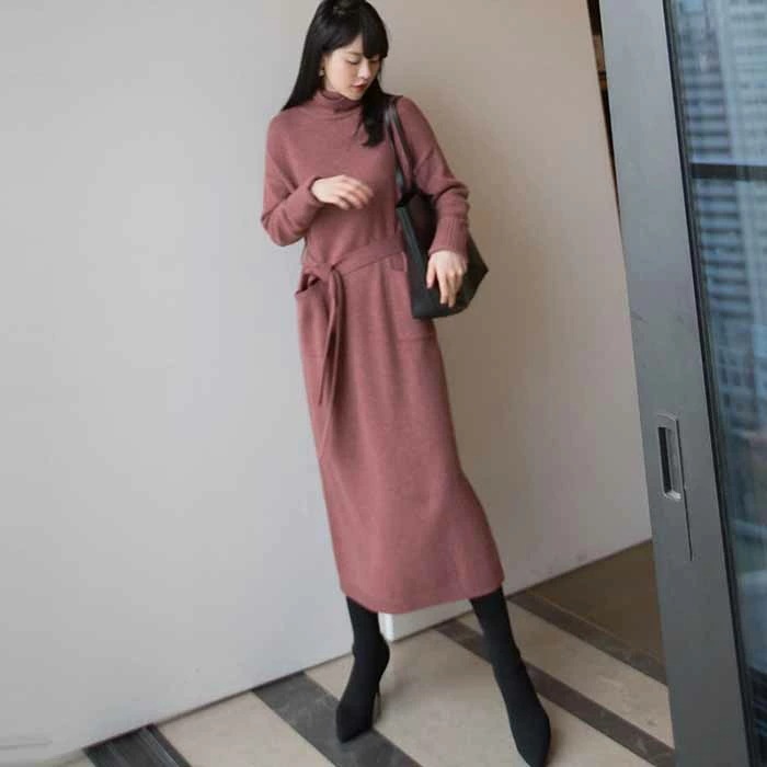 ニットワンピース ロングニット ワンピース ニット タートルネック ハイネック マキシ丈 レディース 長袖 ゆったり シンプル カジュアル 体型カバー 柔らか 暖か 女性らしい 着心地 膝丈 無地 通