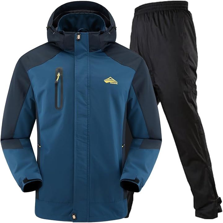 大雨でも快適 アウトドアジャケット 上下セット メンズ 登山 レインウェア 釣り バイク レインパンツ マウンテンパーカー 防水 撥水 雨具(1.ネイビー (防水レインパンツ), L)