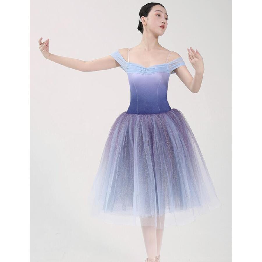 バレエ ドレス レディース バレエ ダンス チュチュ ドレス レオタード ワンピース 膝丈 ミモレ丈 グラデーション バレエ ドレス ストラップショルダー モダンド