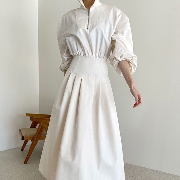 ワンピース ロングワンピース ハイネック ネイビー ホワイト 韓国 レディース オルチャン フレア Aライン ロング丈 ハイウエスト かわいい ウエストマーク 切り替えデザイン