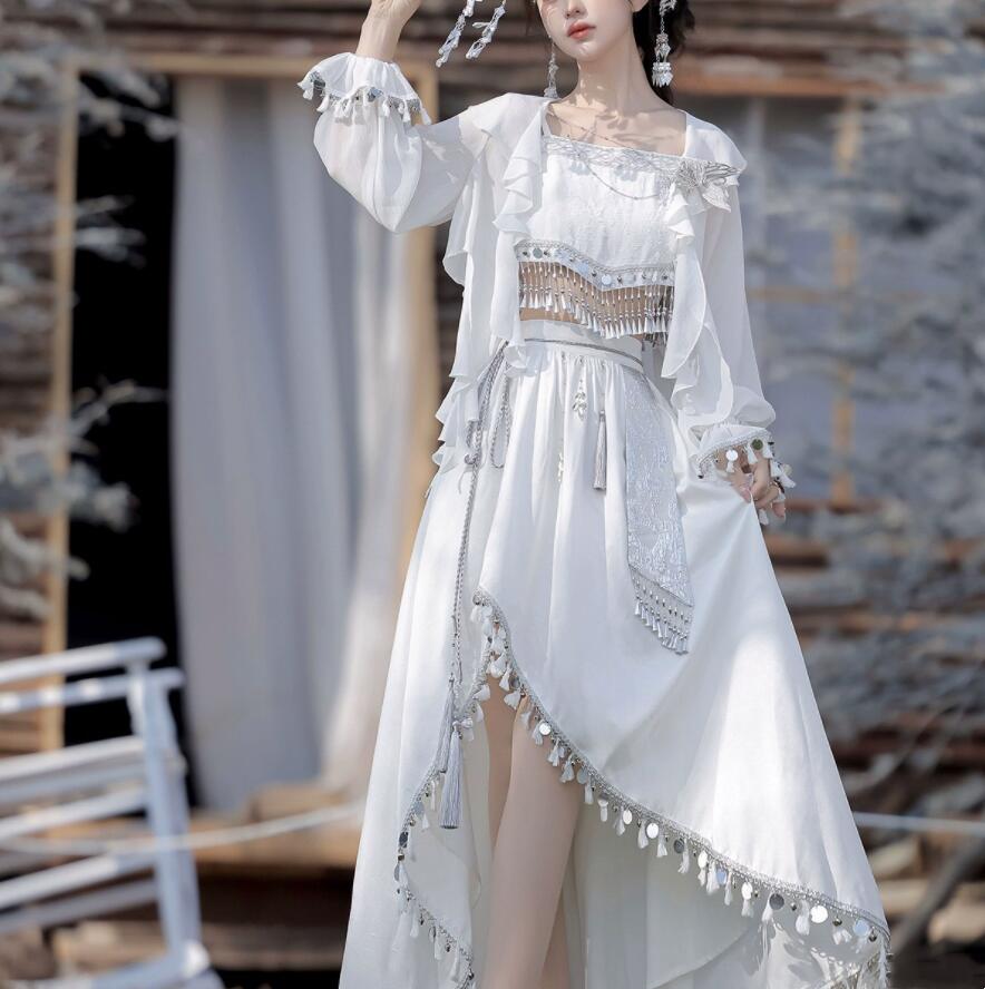 漢風 ドレス 漢元素 ロリータドレス 3点セット ミャオ族 エスニック コスプレ衣装 ハロウィン コスチューム 古風ドレス 蝶飾り付き フリンジ付き イレギュラー裾 スカート 学園祭 イベント 撮影衣