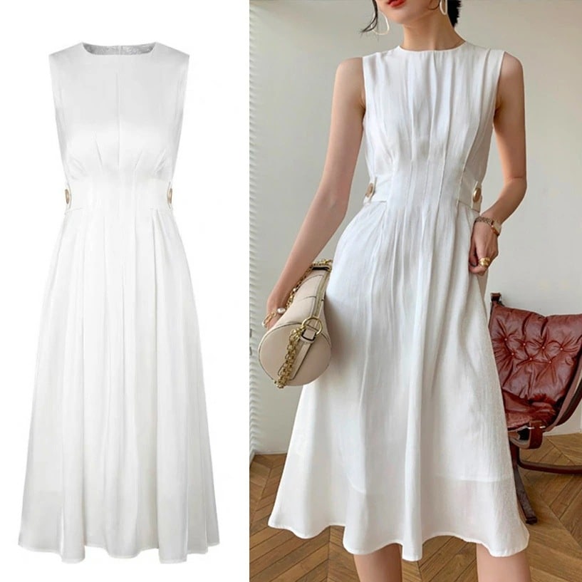 ワンピース レディース ノースリーブ エレガント 春 夏 レトロ Aライン クルーネック ハイウエスト 白 ホワイト