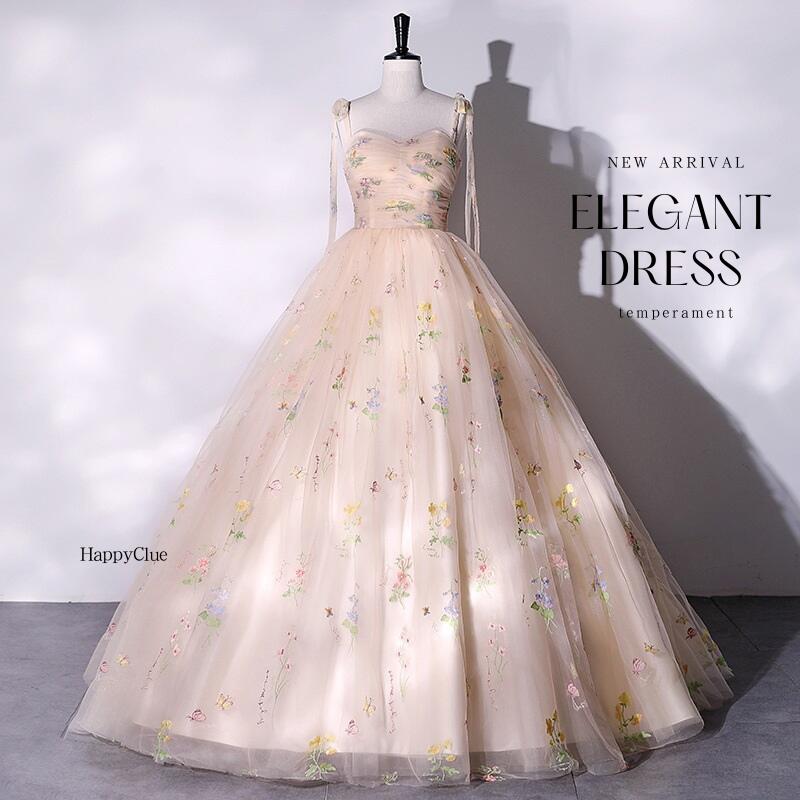 パーティードレス カラードレス 成人式 コンサート レディース 結婚式 ドレス プリンセスライン Aライン 花刺繍 イブイングドレス ロングドレス 演奏会 ピアノ発表会 ドレス 花嫁 ウエディングドレ