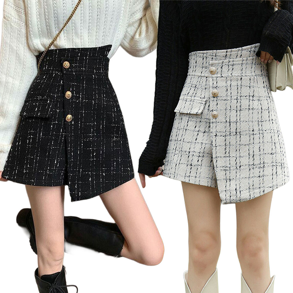 ツイードショートパンツ ラップスカート風 チェック レディース アシンメトリー スカンツ ハイウエスト フロントボタン 飾りポケット 97KZ-005