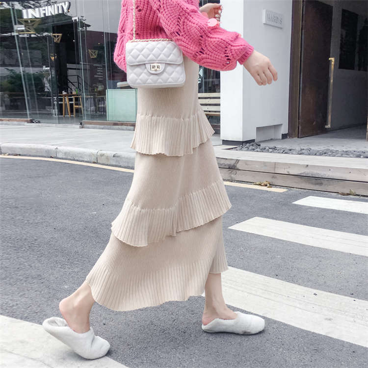 ティアードスカート Aライン ロング丈 マキシ丈 20代 30代 40代 50代 ニット 体型カバー ふんわり ゆったり ブラック ホワイト ベージュ グレー グリーン 無地 春秋 秋冬 大人 上品