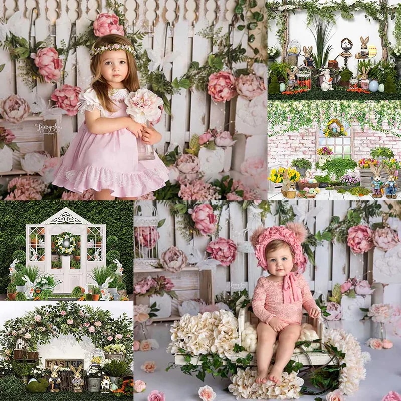写真バニーイースターエッグフラワーヴィンテージウッドボードベビーシャワー誕生日パーティーの装飾背景春のためのより速い背景