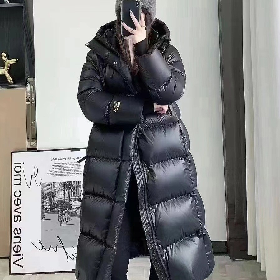 新しい韓国風冬用フード付きショート丈ブラック＆ゴールドミドル丈発熱ダウンジャケットユニセックスカジュアルルーズカップルコート