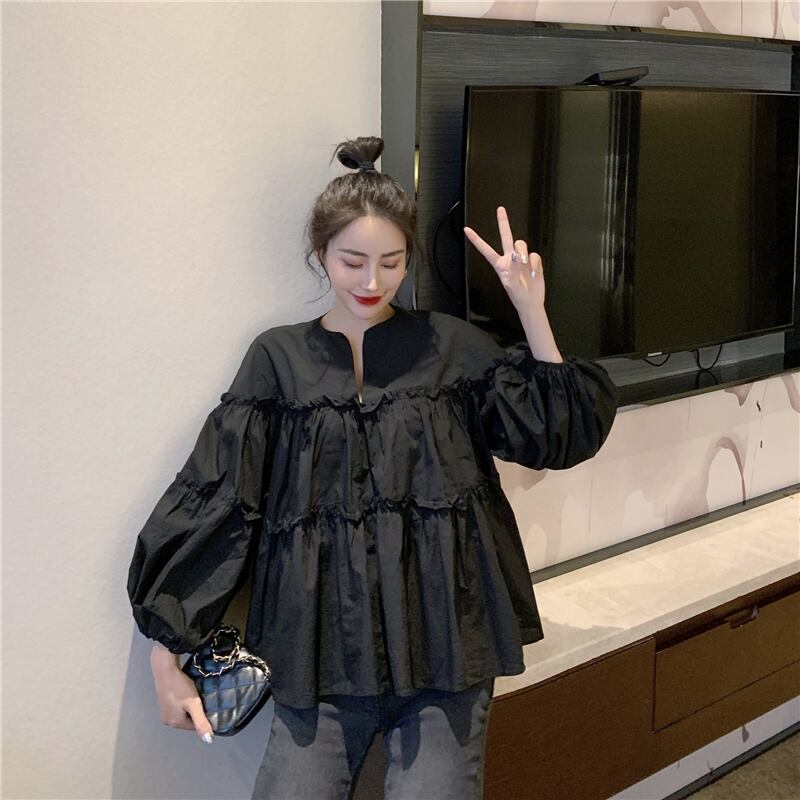 ネックティアードブラウス トップス ブラウス 袖あり l パフスリーブ Vネック Aライン かわいい 大人可愛い シンプル カジュアル 大人 おしゃれ お洒落 大人可愛い 大人女子 ラブリー キ