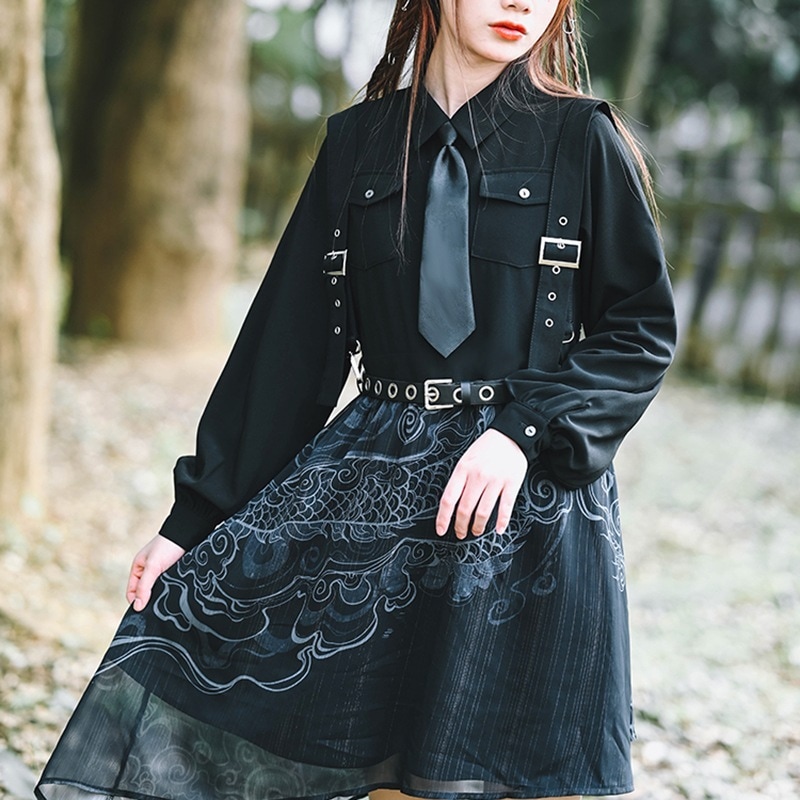 チャイナ風ワンピース 長袖 シャツワンピース 黒 プリント 不規則 光沢感 つなぎ合わせ