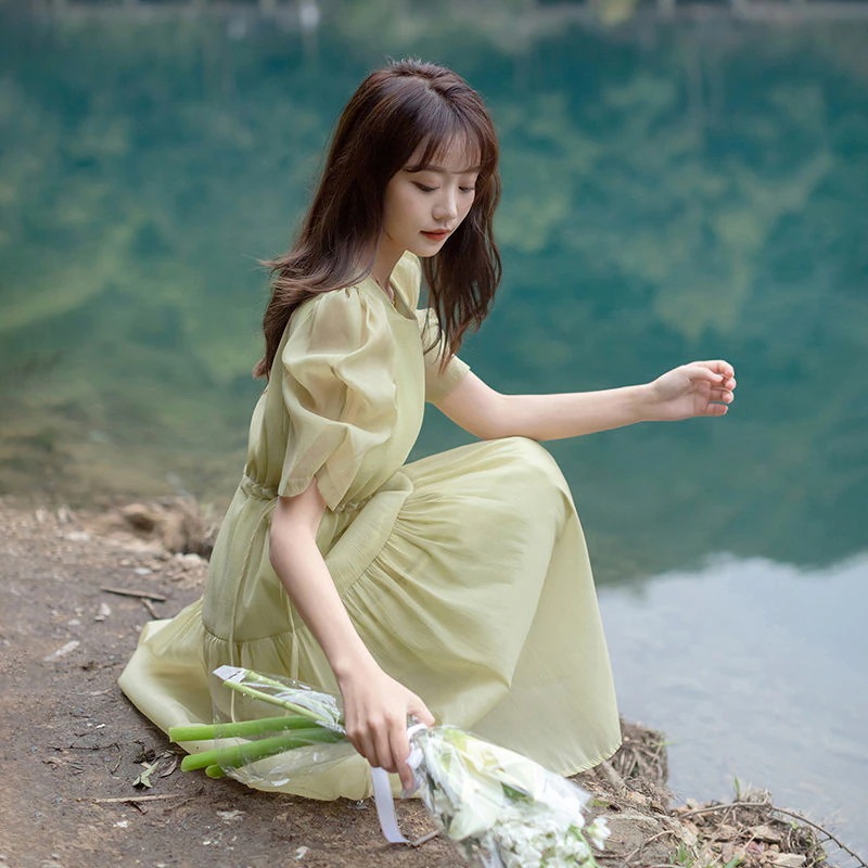 パフスリーブシフォングリーンドレスレディースハイエンド2025サマースモールティーブレイクスカート 母の日-0009219水着ワンピースuvカットパーカー