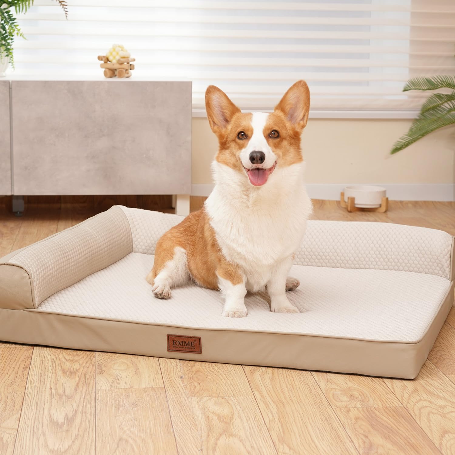 EMME L型犬ベッド冷感 ひんやり ペットベッド Q-max値0.4 涼しいペットソファー ペットクッション 枕付き 高反発 抗菌防臭 高齢犬 子犬 猫 多頭飼い 取り外せるカバー 滑り止め 中型犬