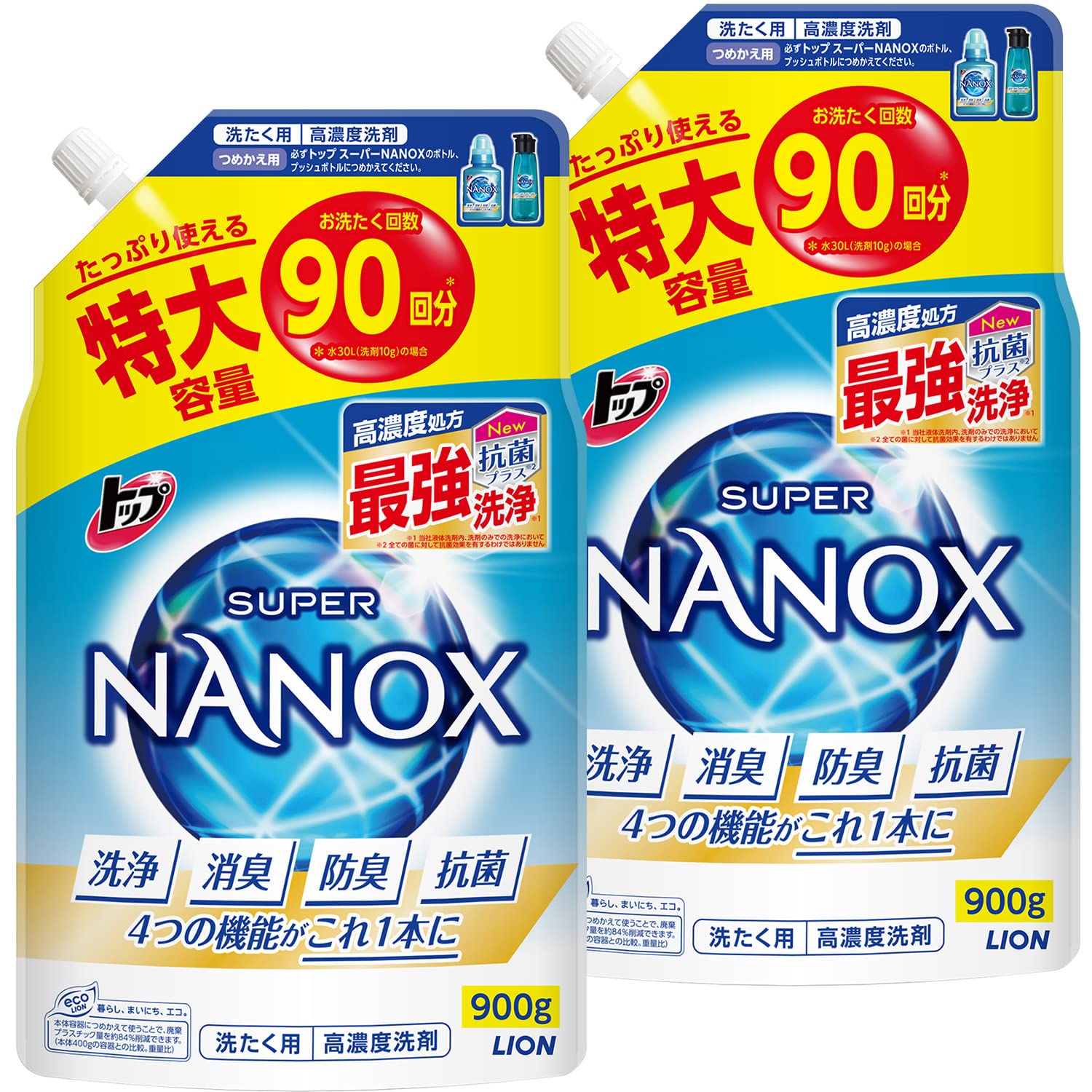 トップ ナノックス(NANOX)【まとめ買い】トップ スーパーナノックス 蛍光剤・シリコーン無添加 高濃度 洗濯洗剤 液体 詰め替え 特大900g×2個セット