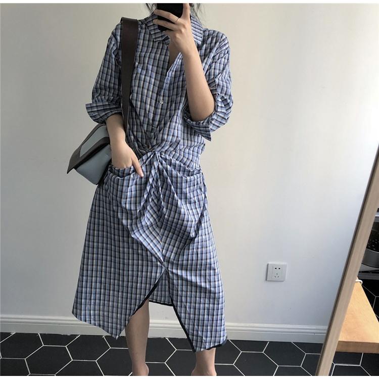 ワンピース レディース きれいめ チェック柄 春夏 五分袖 vネック ロング丈ワンピース 韓国風 通勤 OL 着痩せ ワンピース