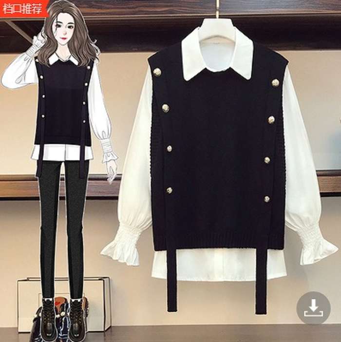 秋新作大きいサイズレディース2枚組セットアップニットベストシャツ4XL3XLレディースファッション