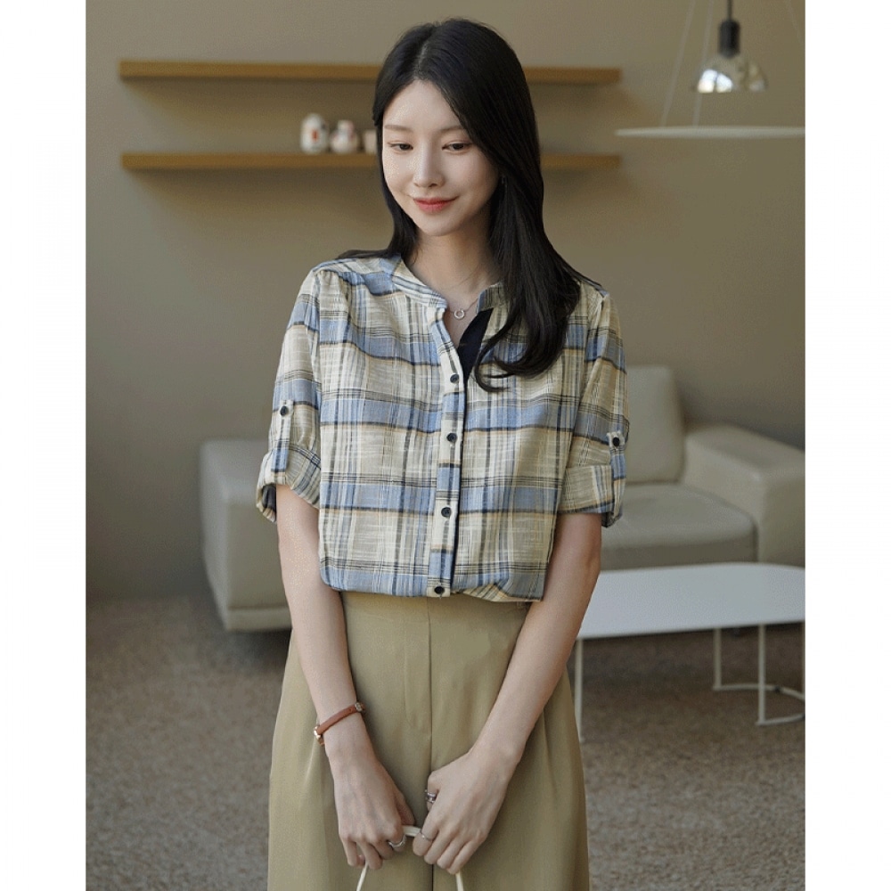 Click & Funny チェルシーストリングロールアップリネンチェックシャツ