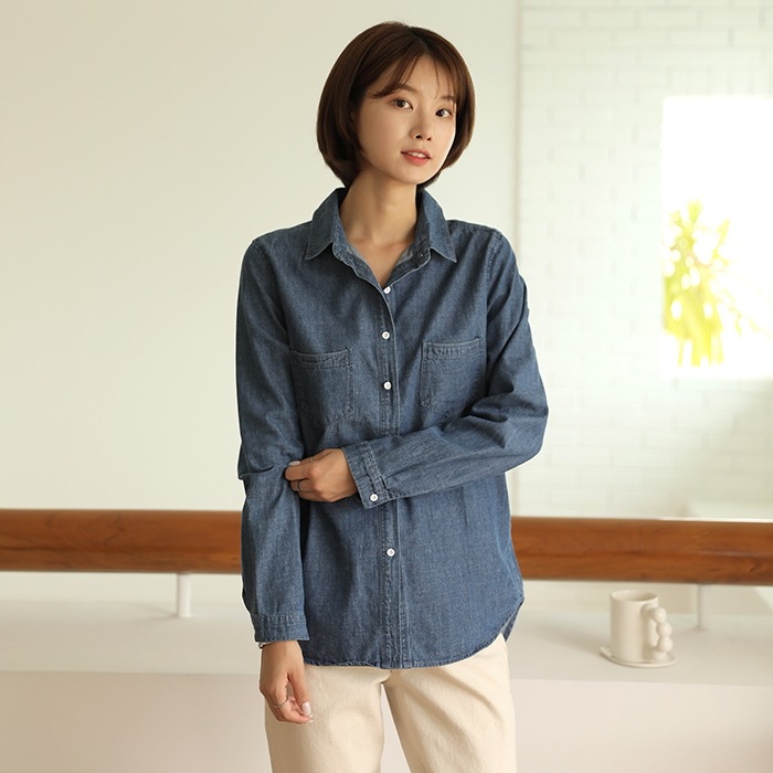[韓国ファッション] 胸ポケット付き レギュラーシルエット デニムシャツ