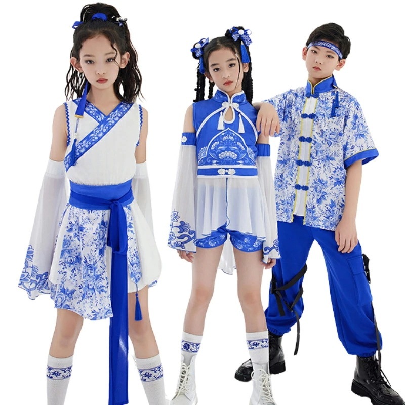 [イベントのための新作]青 白 ダンス衣装 セットアップ キッズ ダンス 演出服 チャイナ風 子供 ヒップホップ ダンス衣装 ブルー ホワイト jazz ステージ衣装 派手 おしゃれ チアダンス トッ