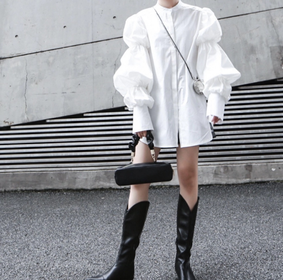 レディース シャツ ブラウス 長袖 パフスリーブ 襟なし スリム 細身 前開き ボタン かわいい 大人可愛い シンプル 上品 おしゃれ こなれ感 クール モード系 存在感 フォーマル とろみ感 5,831円